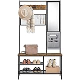 Yaheetech Großer Garderobenständer Kleiderständer mit Haken, Spiegel, Schuhregal und Sitzbank Garderobe mit Gitterwand für Flur/Schlafzimmer, 35 x 100 x 180,5 cm