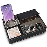 BELLE VOUS Ablage Tablett Schwarz Kunstleder 5 Fächer Schlüssel Ablage – Herren Organizer Ablage Schreibtisch, Accessoires Herren für Handy, Münzen, Schmuck, Schlüssel, Uhr – Nachttisch Organizer