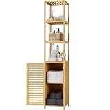 FOREHILL Hochschrank Badezimmerschrank Badregal aus Bambus schmales Badschrank Badmöbel mit 3 Ablagen Standregal für Bad, Küche, Flur 169x34x33cm Natur