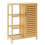 sogesfurniture Badschrank Bambus, Badezimmerschrank, Beistellschrank mit 4 Ablagen und Lamellentür Aufbewahrungsschrank für Badezimmer, Wohnzimmer, Küche, 66x33x87cm